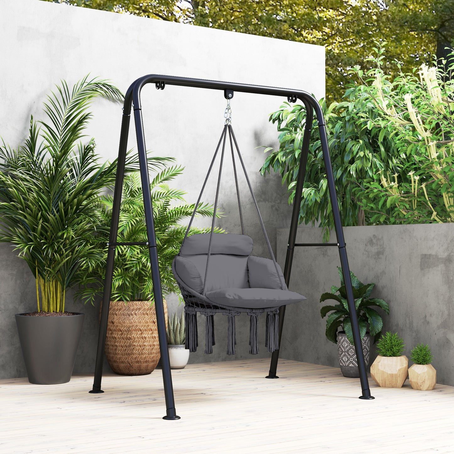 Hanging Chair Indoor Outdoor Hammock Chair with Soft Cushion, Cotton Rope Boho Style Swing Chair, Hanging Garden Swing Seat, Dark Grey