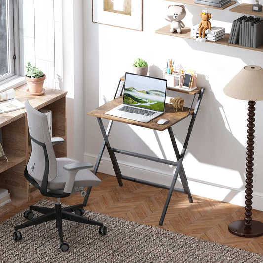 70 cm Folding Computer Desk with Monitor Shelf - Rustic Brown