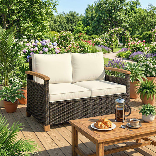 2 Seater Rattan Garden Sofa | Acacia Wood Armrests | Thick Cushions | Powder Coated Steel | Adjustable Feet | 124x74x79cm | 240kg | Brown