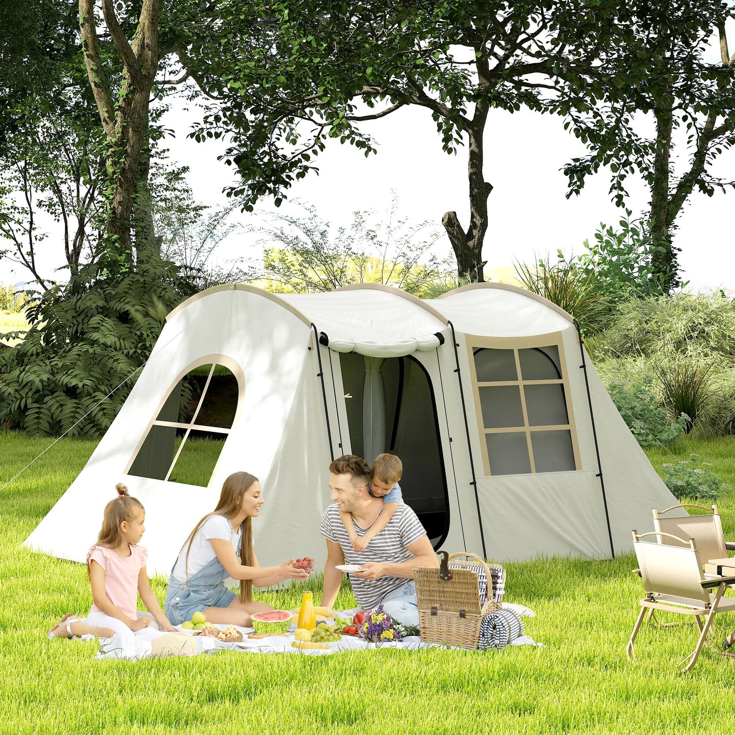 3-4 Man Tunnel Tent, Family Camping Tent with Porch, Bedroom and Living Area, Sewn in Groundsheet, 3000mm Waterproof, Portable with Bag - Khaki