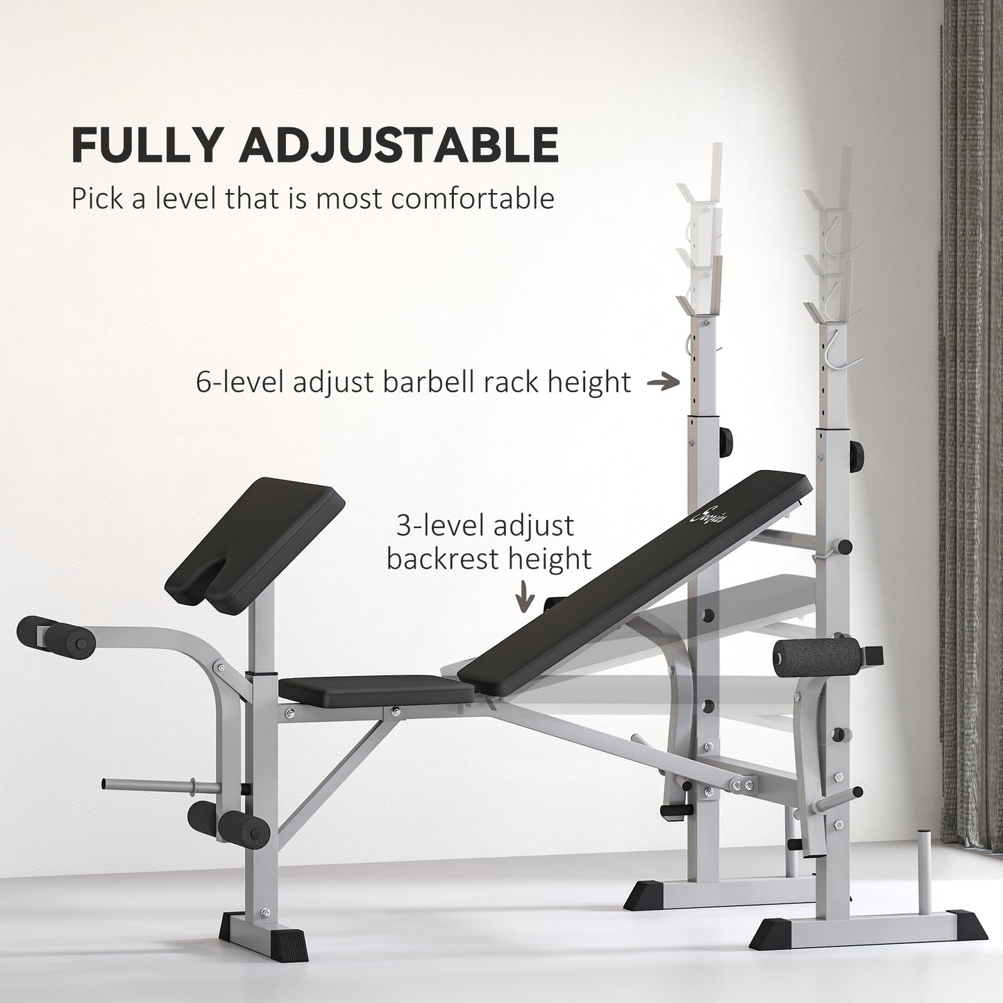 Adjustable Weight Bench with Squat Rack, Heavy Duty Bench Press Rack with Preacher Curl Pad, Leg Developer, Barbell Rack, Butterfly, Home Gym Strength Training Multiuse Workout Bench, Grey