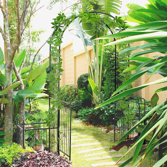 Outsunny Metal Garden Arbor Arch with Double Doors, 2 Side Planter Baskets, Climbing Vine Frame, Black