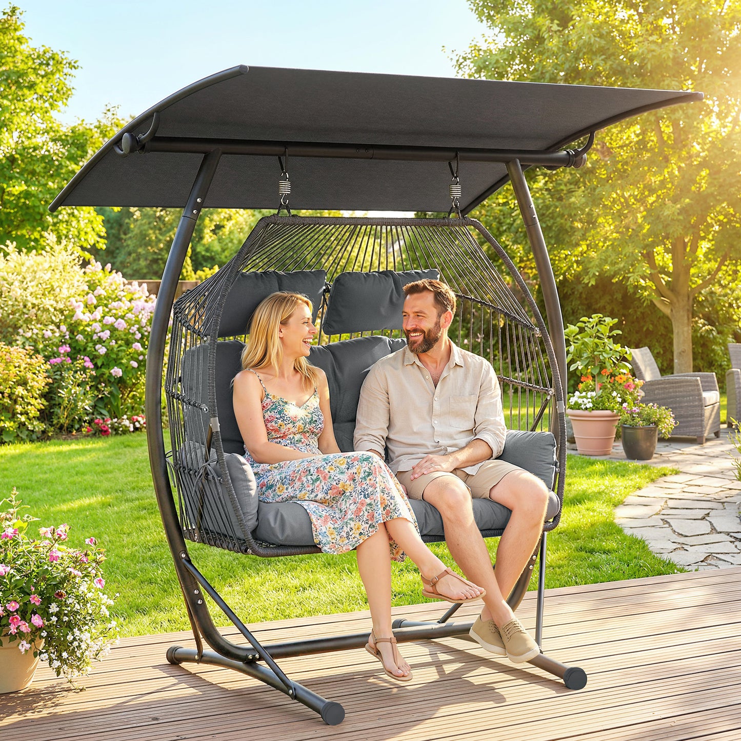 Double Hanging Egg Chair with Canopy | 2-Seater | 10cm Cushion & 2 Headrests | 240kg | Dark Grey