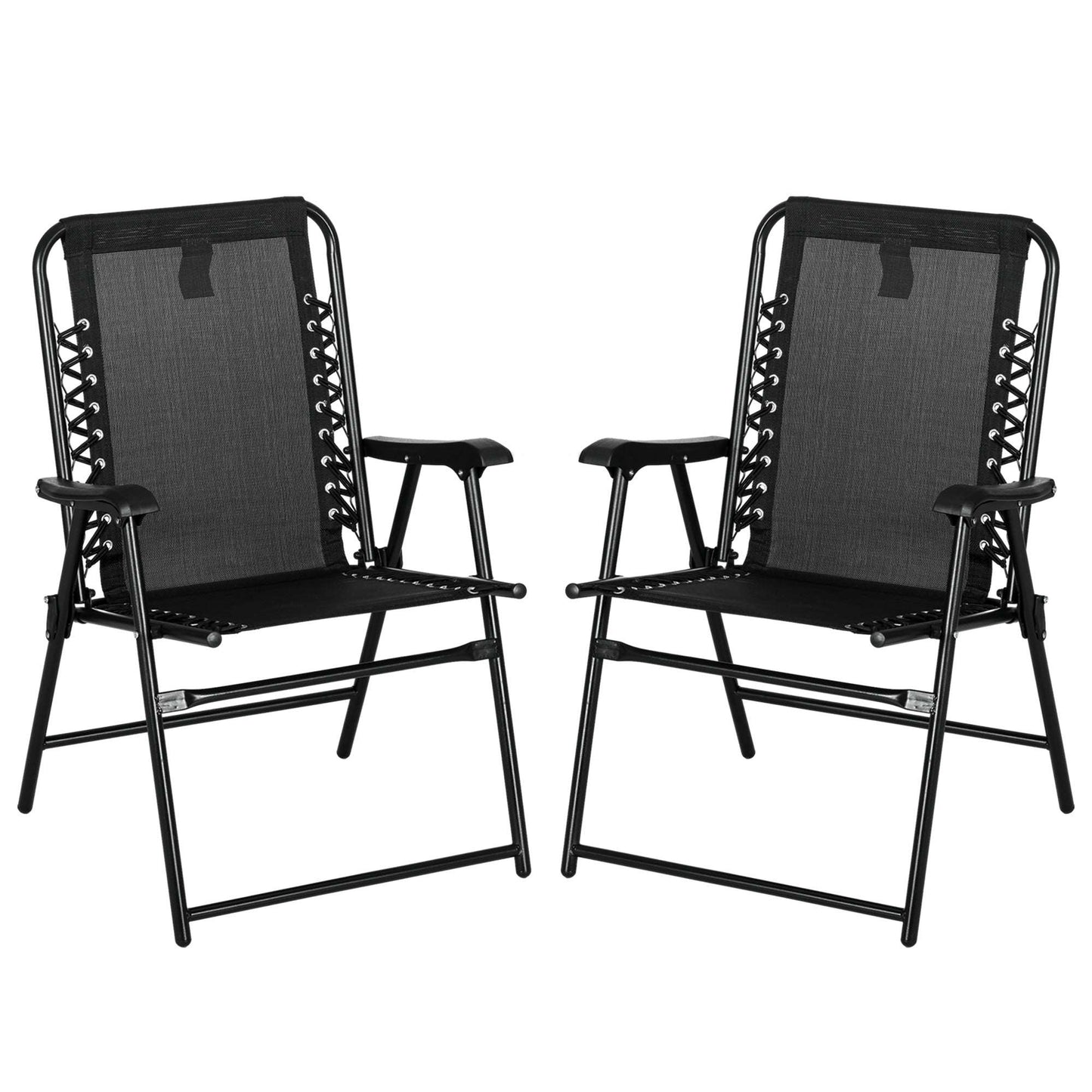2 Piece Patio Folding Chair Set, Outdoor Portable Loungers for Camping Pool Beach Deck, Lawn w/ Armrest Steel Frame Black