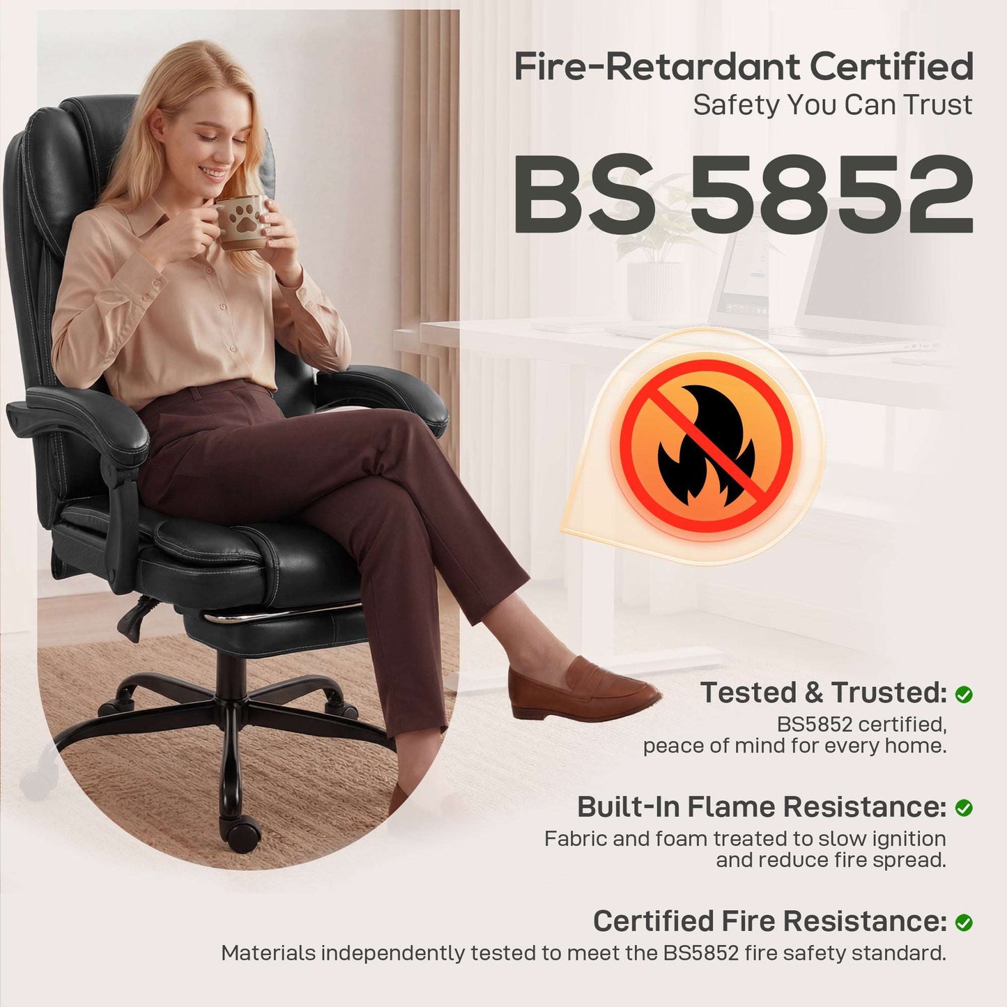 High-Back Executive Reclining Office Chair | 90-135° Recline | Linkage Armrests | Retractable Footrest | Pocket Spring & Foam Seat | PU Leather | EN1335 & BS5852 | 120kg | Black