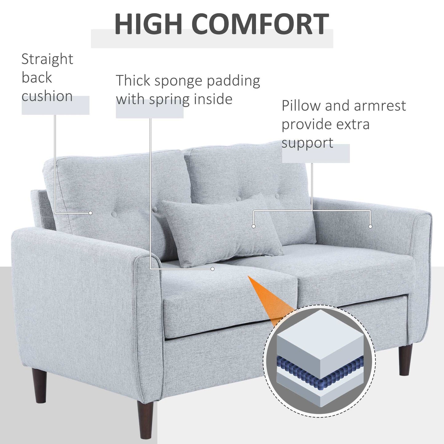 2 Seat Sofa Double Sofa Loveseat Fabric Wooden Legs Tufted Design for Living Room, Dining Room, Office, Light Grey