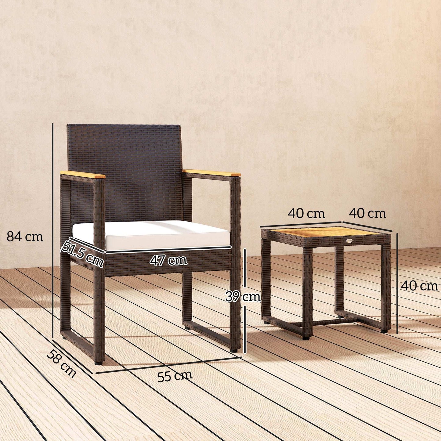 Outsunny Three-Piece Rattan Chair Set With Acadia Wood Table - Brown / Grey