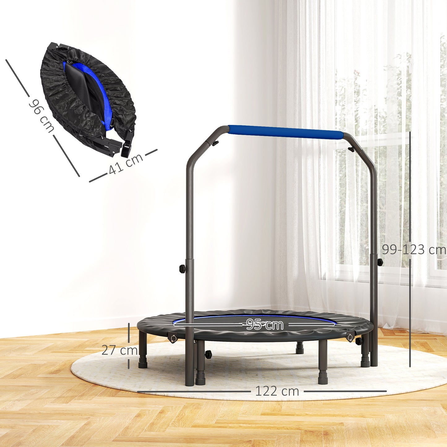 48" Foldable Mini Fitness Trampoline, with Adjustable Foam Handle, Blue / Pink / Orange