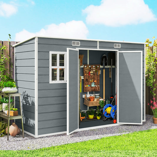 Large PP & Aluminium Garden Storage Shed | Built-In Floor | Double Doors | Lock & Keys | 2 Windows | 2 Vents | UV-Resistant | 40kg/m² Snow Load | 303x123x197cm | 3.2m² | Mowers Bikes & Tools | Grey