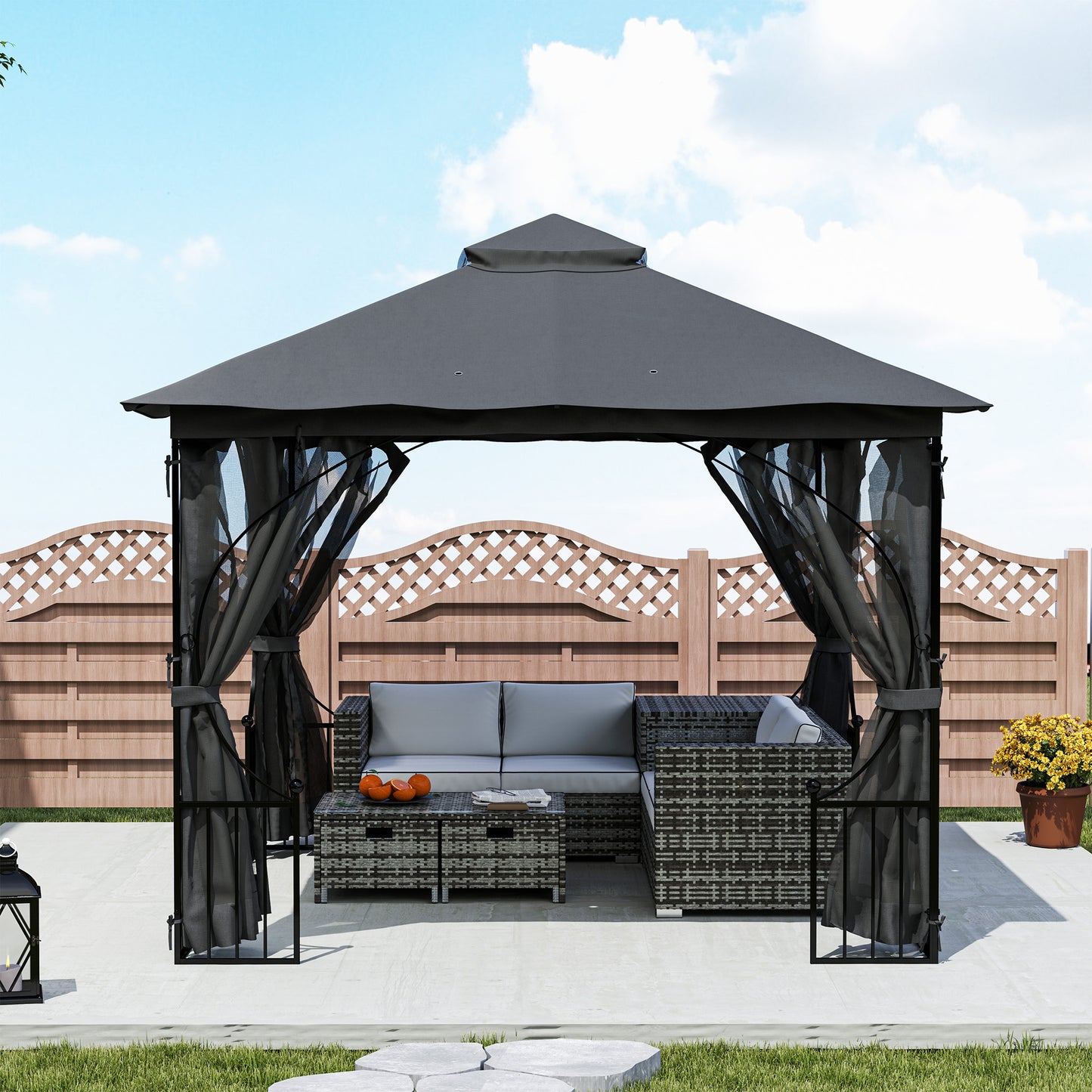 Outsunny 3 x 3(m) Garden Gazebo Patio Party Tent Shelter Outdoor Canopy Double Tier Sun Shade Metal Frame Netting, Dark Grey