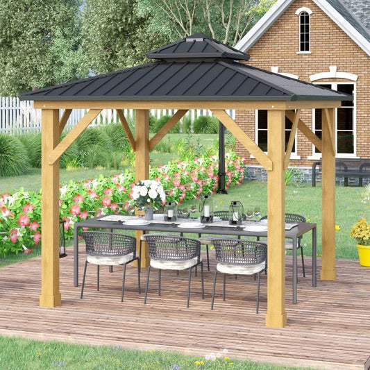 Outdoor Hardtop Gazebo Canopy with 2-Tier Roof and Solid Wood Frame Outdoor Patio Shelter for Patio, Garden, Grey 3x(3)M