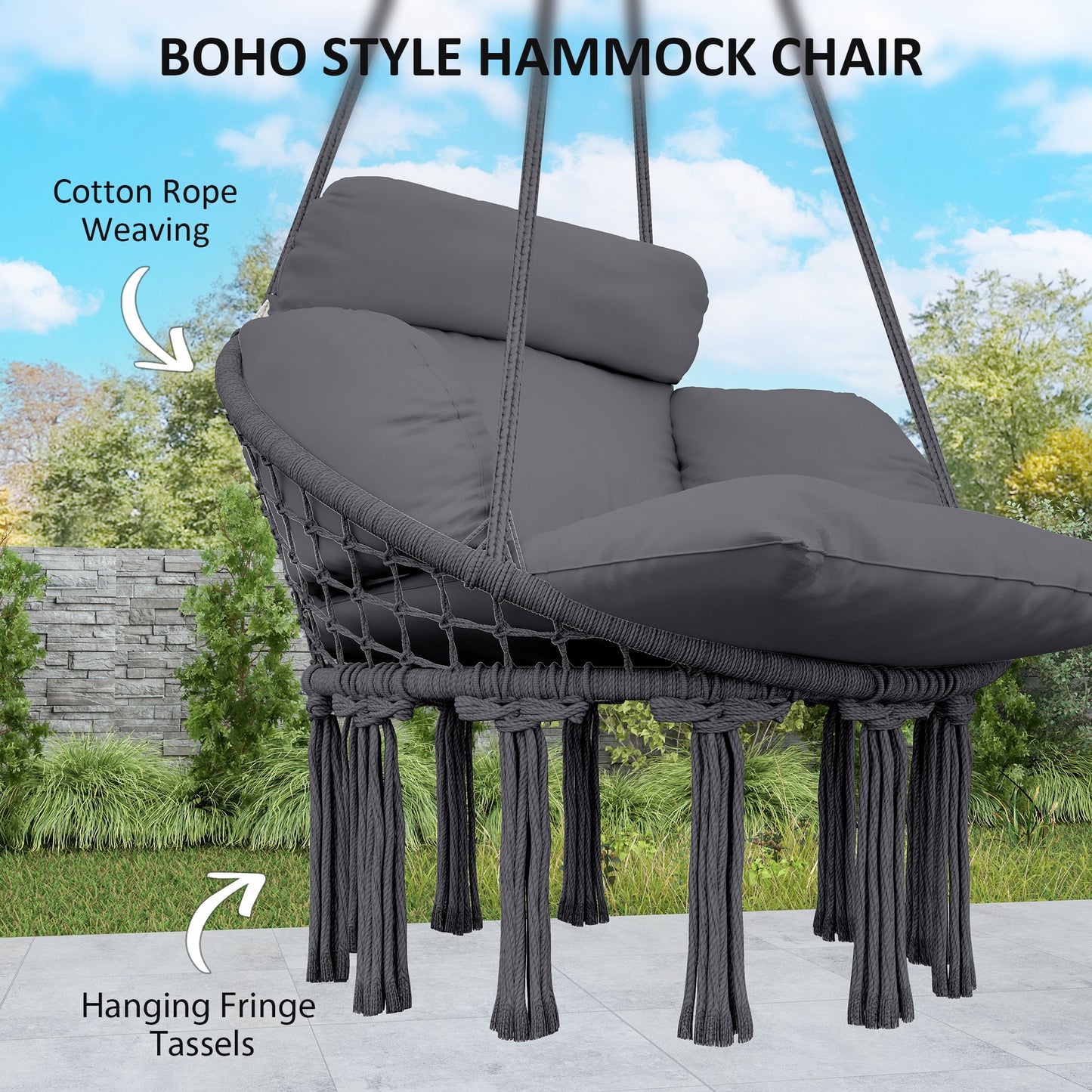 Hanging Chair Indoor Outdoor Hammock Chair with Soft Cushion, Cotton Rope Boho Style Swing Chair, Hanging Garden Swing Seat, Dark Grey