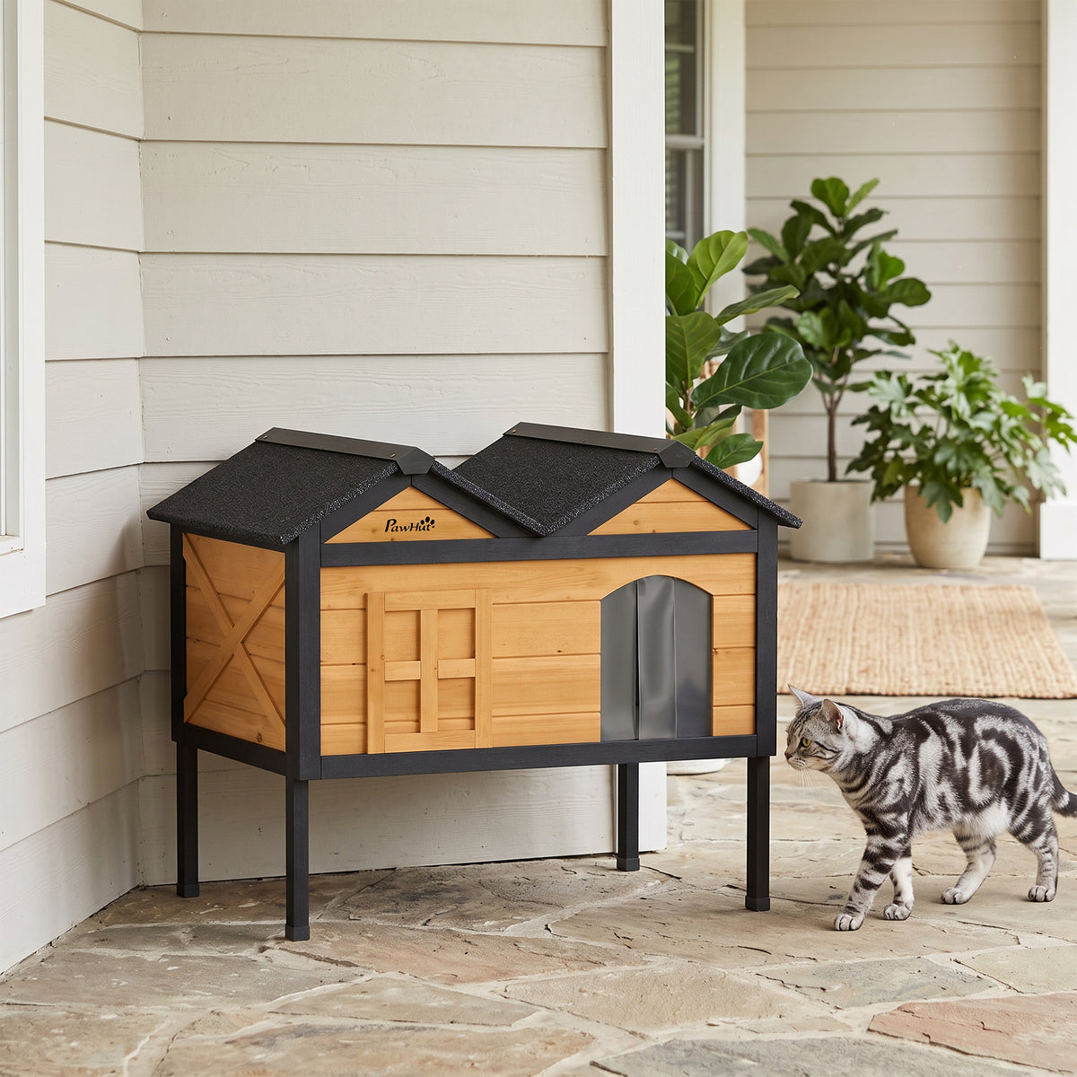 Outdoor Wooden Cat House with Removable Insulated Liner | Weatherproof Asphalt Roof | Raised 21cm Base | PVC Curtain | Wide Side Cleaning Door | Fir Wood | Suits Cats up to 10kg | Yellow