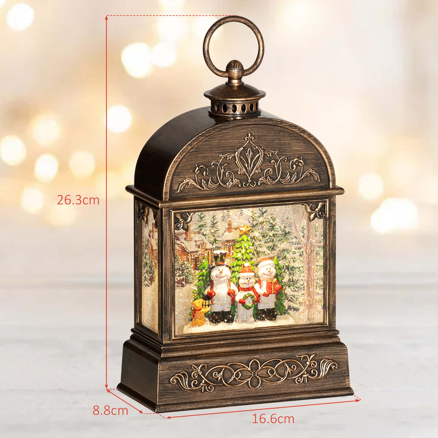 Christmas Snow Globe Lantern with Lights and Music, Swirling Glitter, Battery Operated Musical Decoration for Holiday Party Gift, Bronze Tone