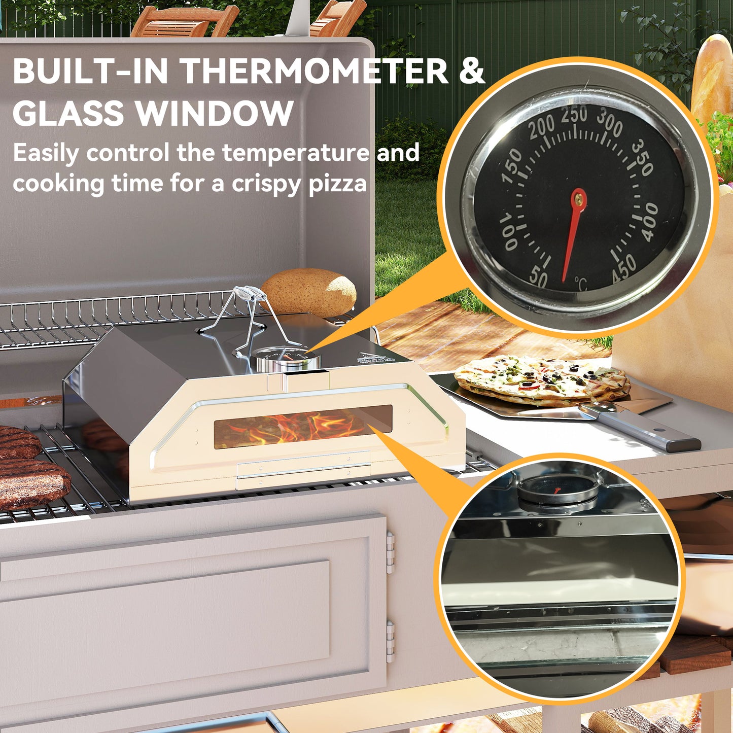 Portable Stainless Steel BBQ Grill Top Pizza Oven with Built-in Thermometer and Viewing Window for Gas and Charcoal BBQ Grills