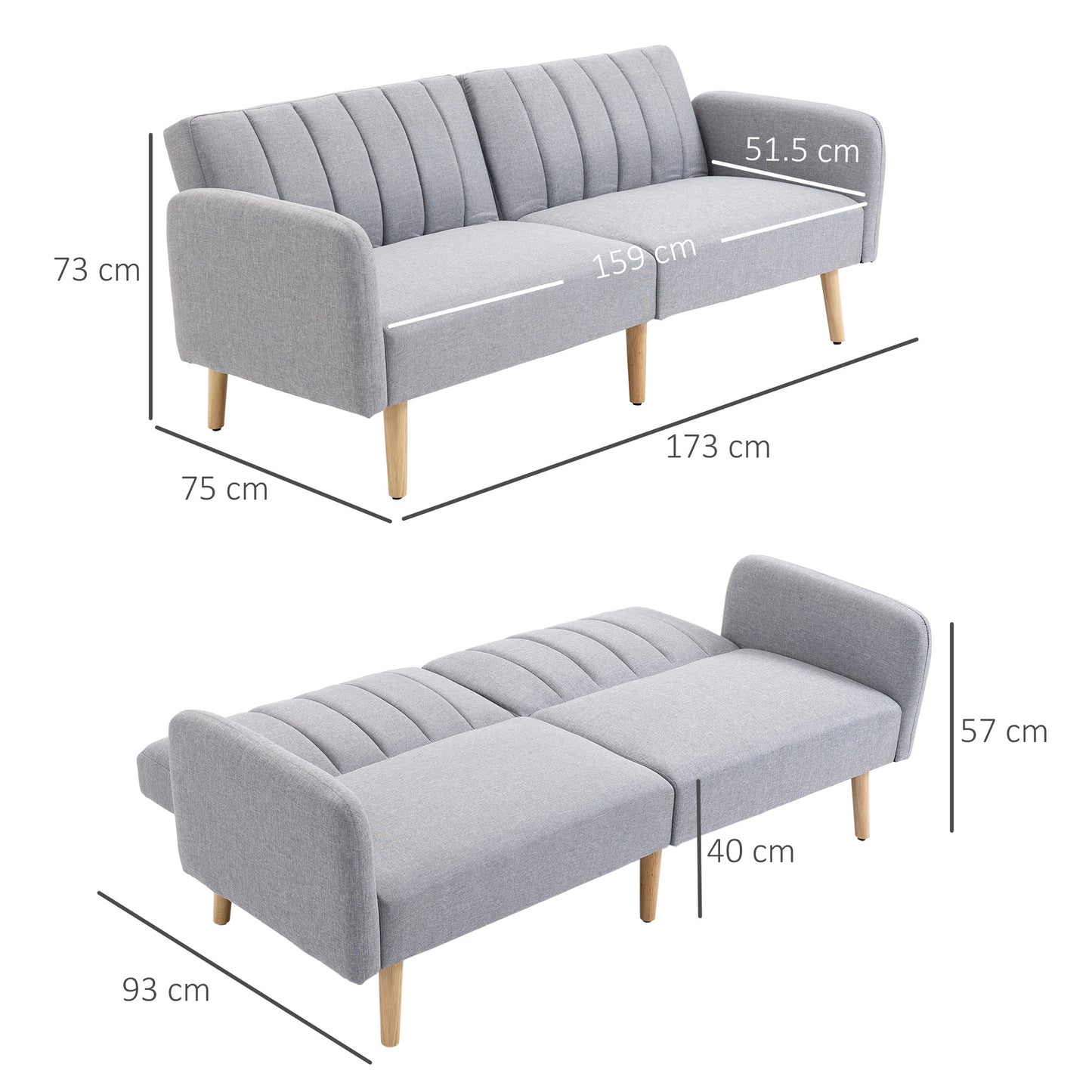 Two-Seater Sofa Bed, with Split Back - Light Grey