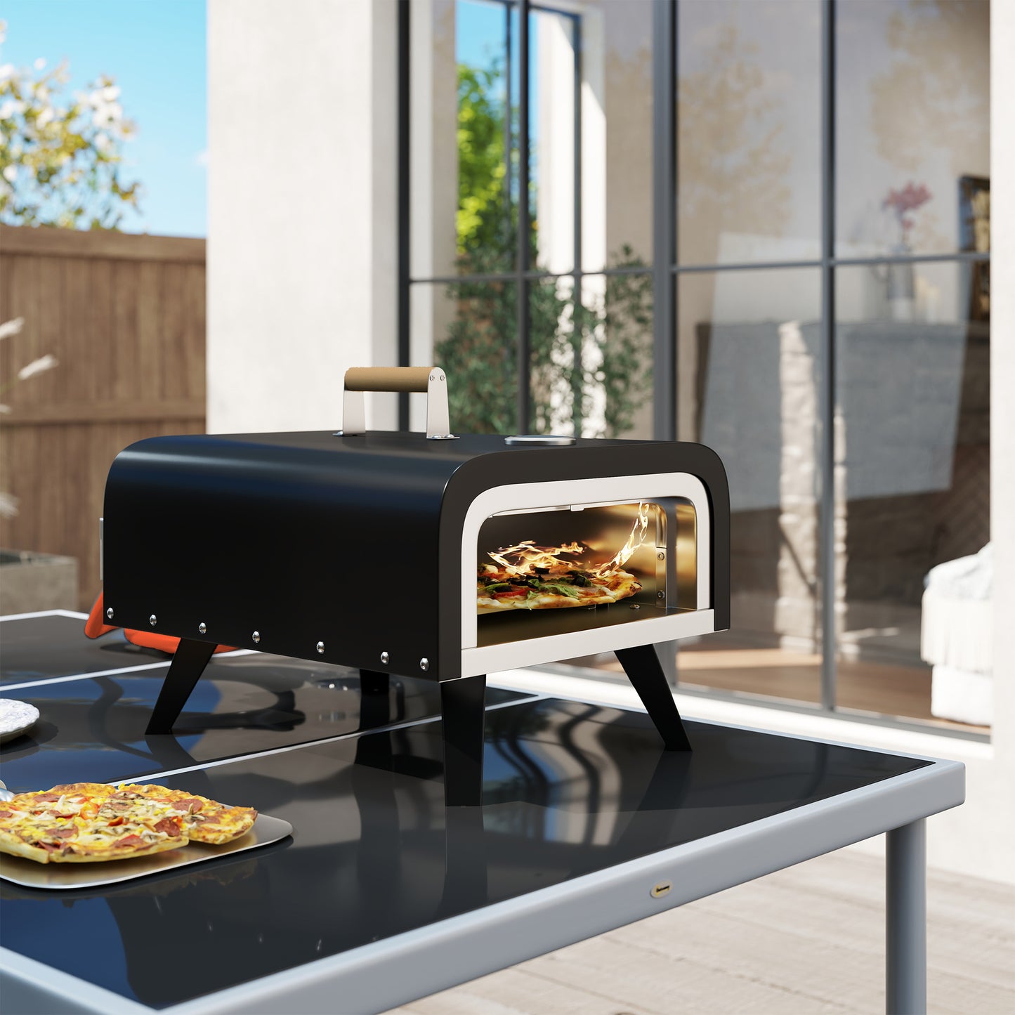 Outdoor Tabletop Gas Pizza Oven with 12" Stone and Peel, Portable Pizza Oven Maker with Thermometer, Foldable Legs, Handle, Gas Hose