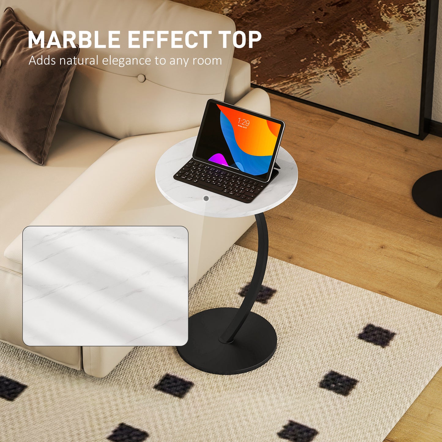 C Shaped Side Table, Round Bedside Table with Marble Effect Top, Modern Coffee Table Sofa End Table, White