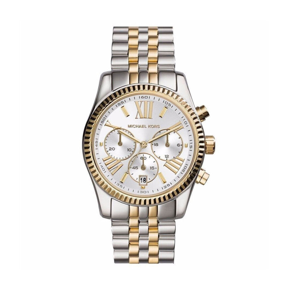 Michael Kors Lexington Ladies Chronograph Watch Two Tone Stainless Steel Bracelet White Dial MK5955