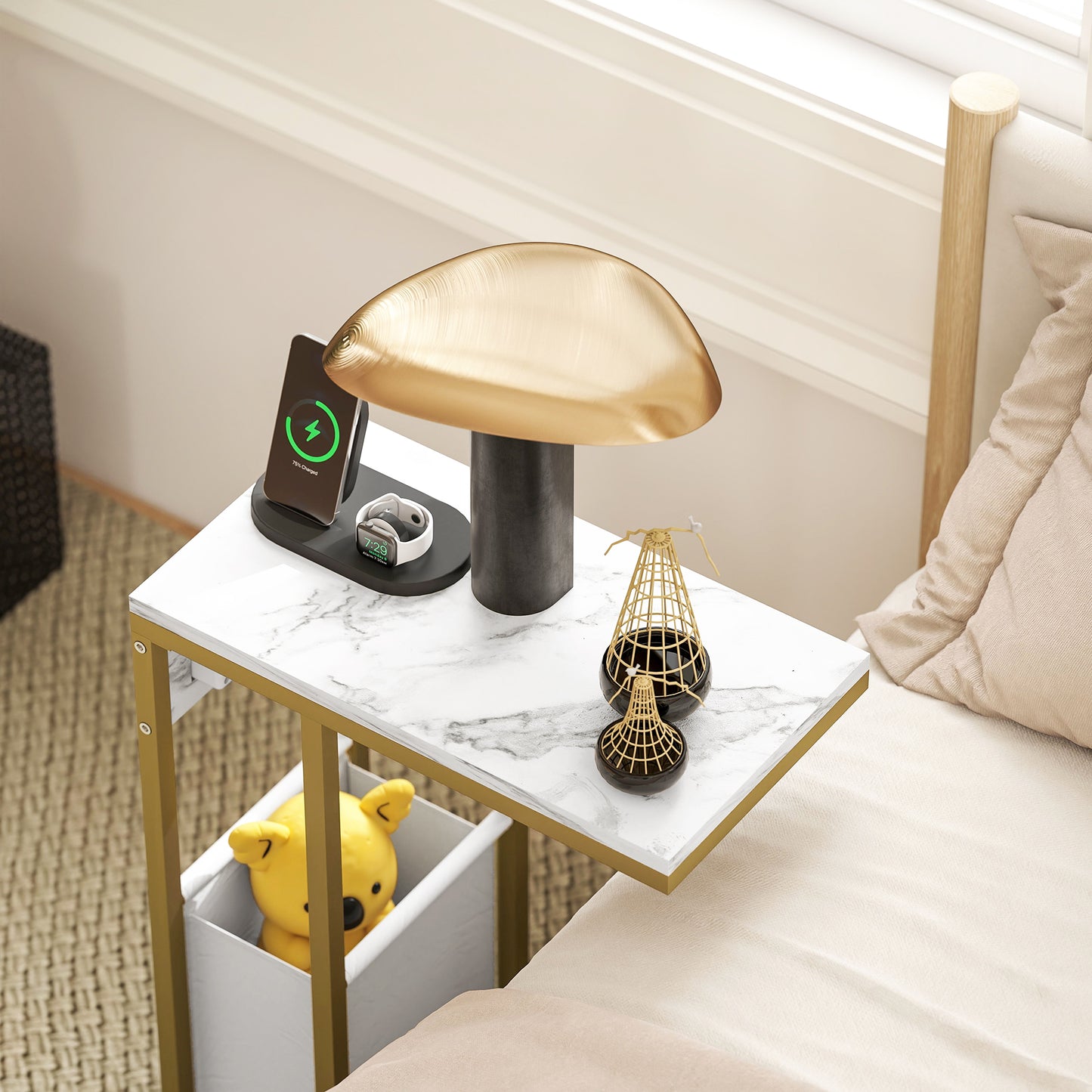 C Shaped Side Table with Charging Station and Faux Marble Top - White