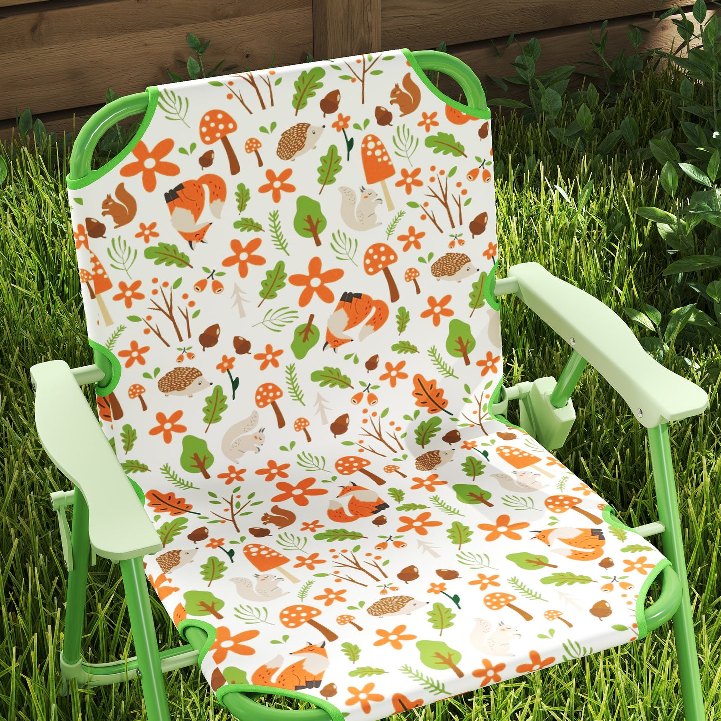 AIYAPLAY 4 Pieces Kids Garden Table and Chair Set with Adjustable Parasol, Folding Chairs, Table, Fox Pattern, Green / Pink