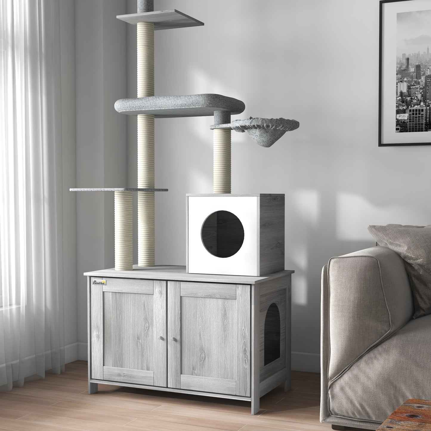 PawHut Cat Tree with Hidden Litter Box, 2 in 1 Floor to Ceiling Cat Litter Box Furniture with Cat House, Bed, Hammock, Platforms, for Indoor Use, Grey