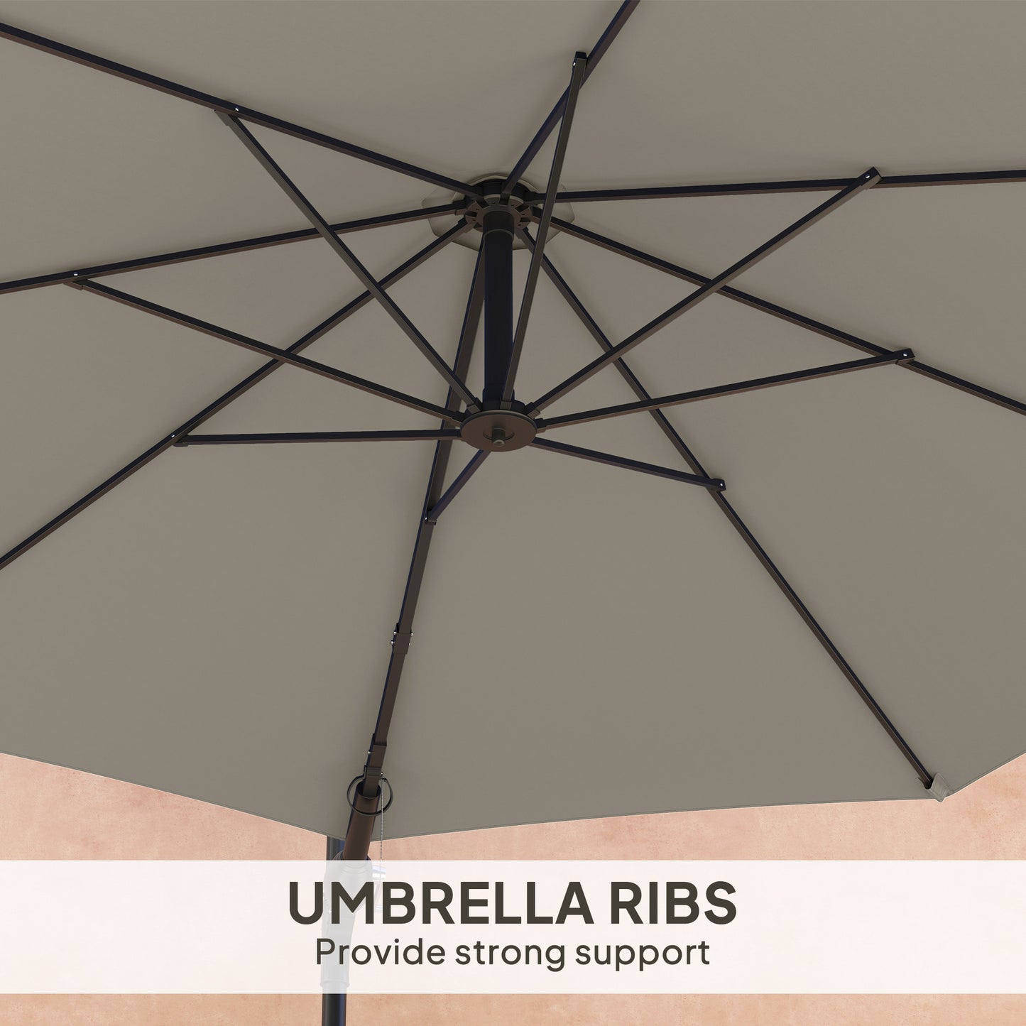 Outsunny 3(m) Wall-Mounted Parasol Shade, with Handle - Light Grey / Khaki / Orange
