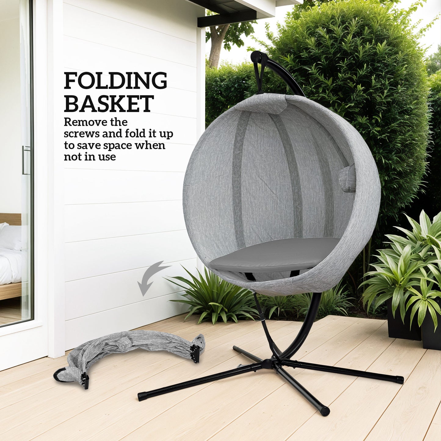 Hanging Egg Swing Chair Outdoor Indoor Garden with Folding Basket, Garden Hanging Chair with Stand, Thickened Cushion, Cup Holder for Patio, Balcony,