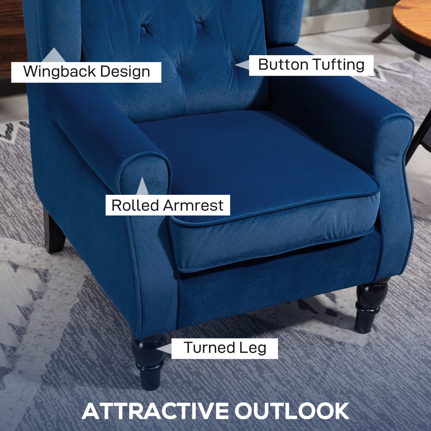 Wingback Accent Chair, Retro Vintage Style Upholstered Button Tufted Occasional Chair for Living Room and Bedroom, Blue