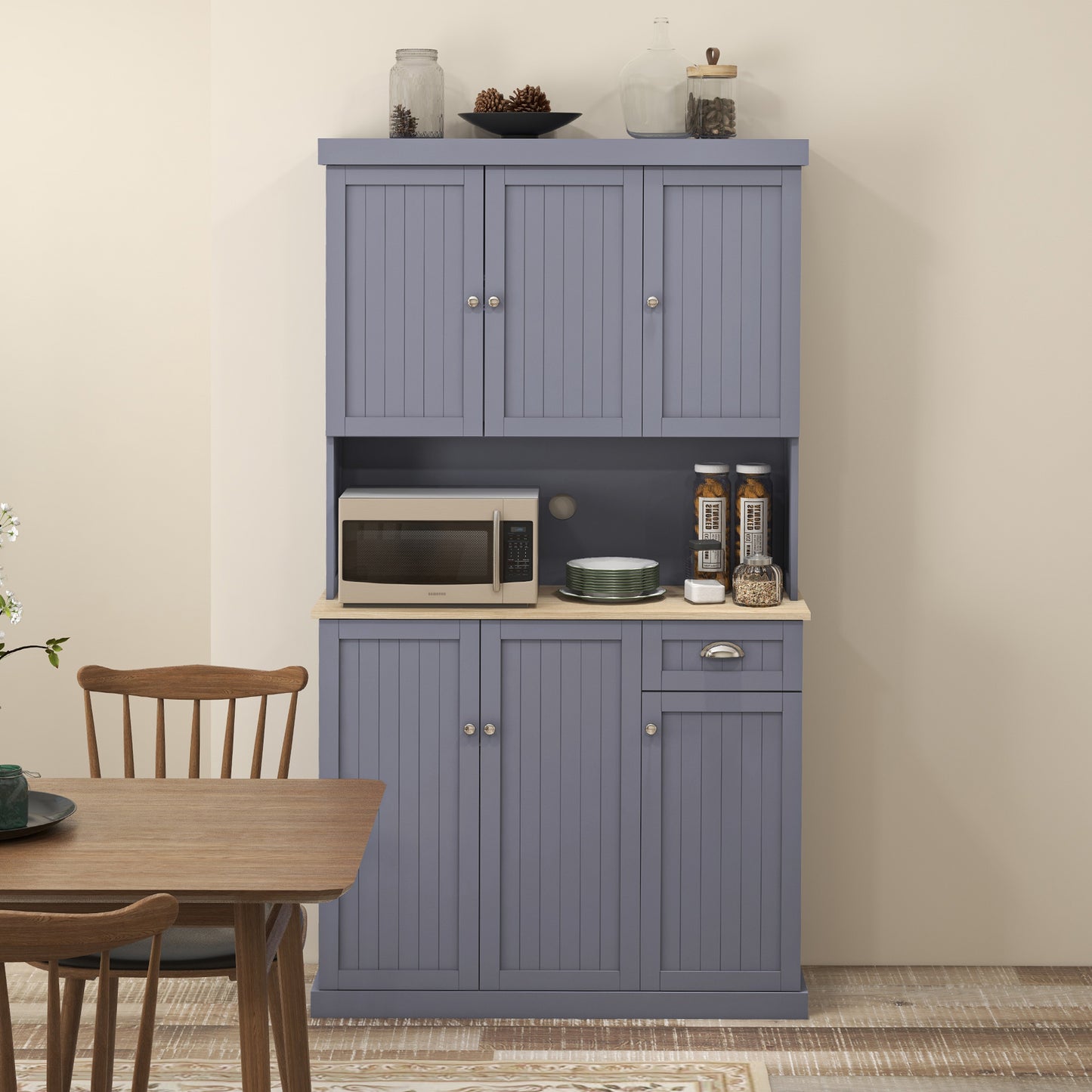 180cm Freestanding Kitchen Cabinet, Modern Storage Cupboard with Open Countertop, Drawer and 6 Doors, Grey