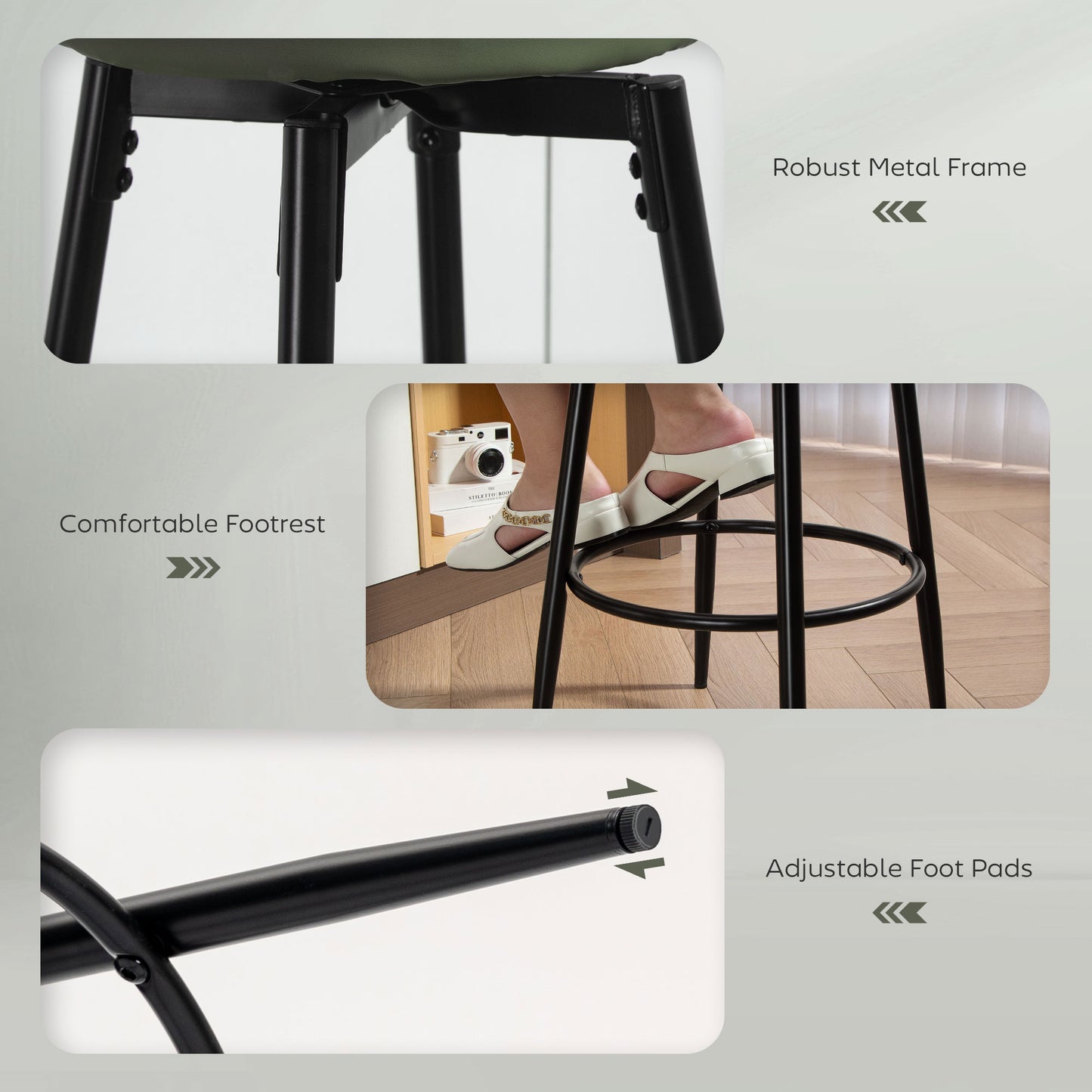 Set of Two Faux Leather Bar Stools - Green/Black - Grey/Black - Brown/Black