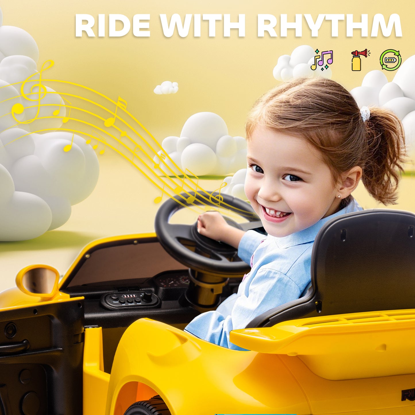 AIYAPLAY Licensed RUF CTR 2017 Electric Car for Kids, with Remote Control, Soft Start, MP3 Player, LED Lights, Yellow / Pink