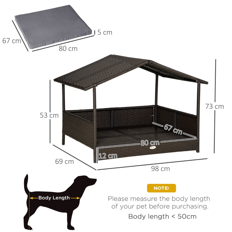 PawHut Wicker Dog House, Rattan Pet Bed, with Removable Cushion, Canopy, for Small and Medium Dogs - Cream