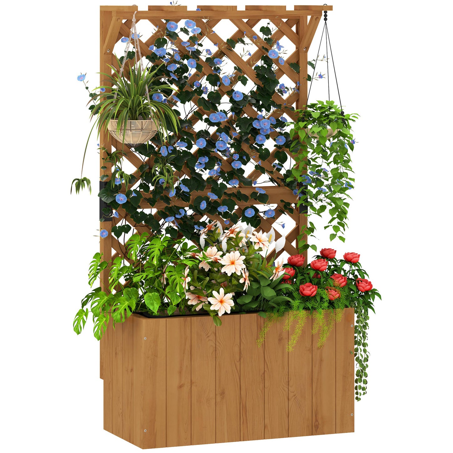 Wooden Planter with Trellis, Freestanding Raised Garden Bed with Drainage Holes, Outdoor Planter Box with Liner for Vegetables, Herbs and Flowers