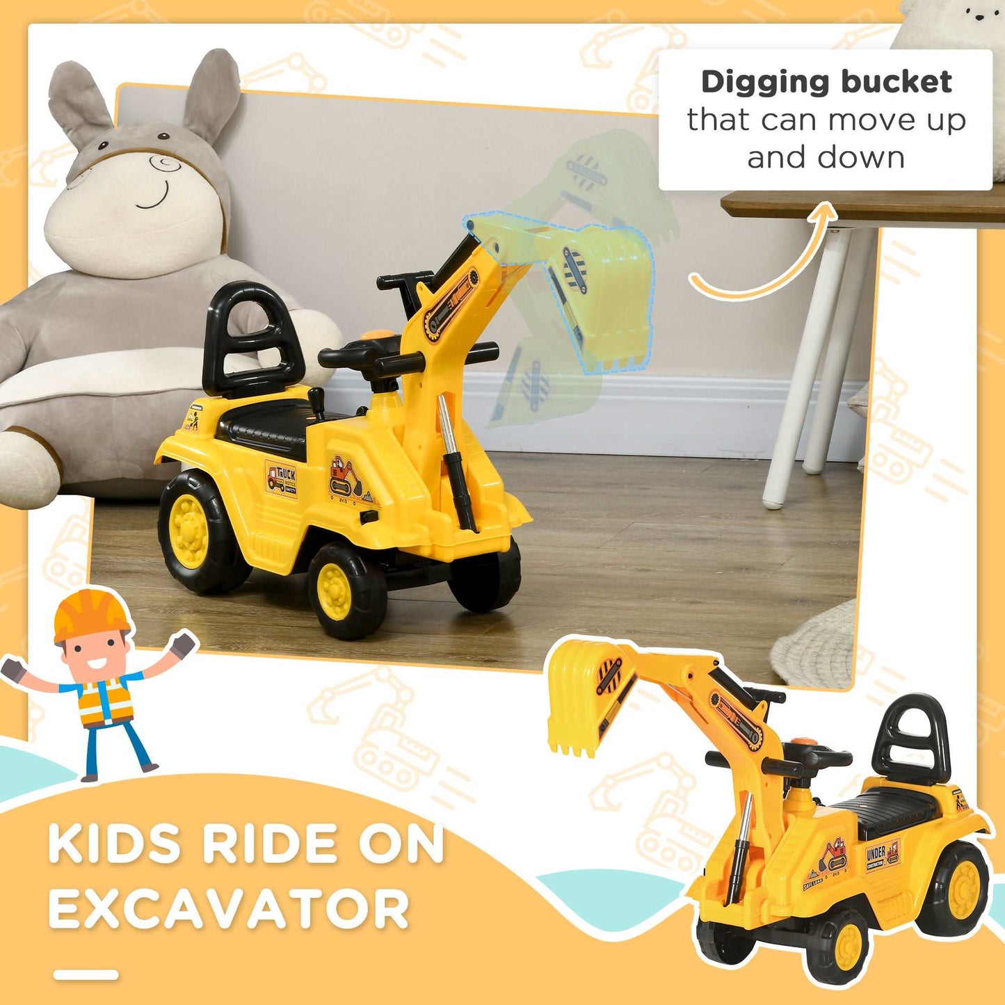 2 in 1 Toddler / Kids Ride On Tractor Pull Cart with Bucket, Under Seat Storage, Horn, High Backrest, for 1.5-4 Years Old, Yellow