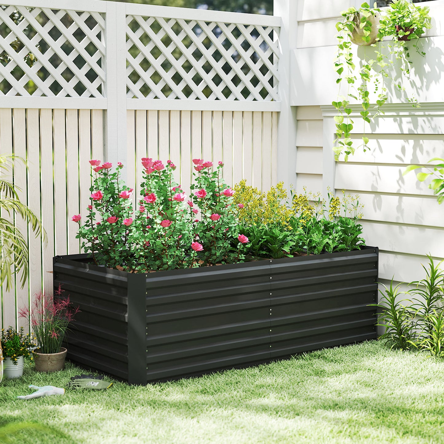 Deep Galvanised Steel Raised Garden Bed | Multi-Reinforced Rods | Protective Coating | Open Bottom | Indoor & Outdoor | 180x90x59cm | Plants Veg Herbs & Flowers | Black