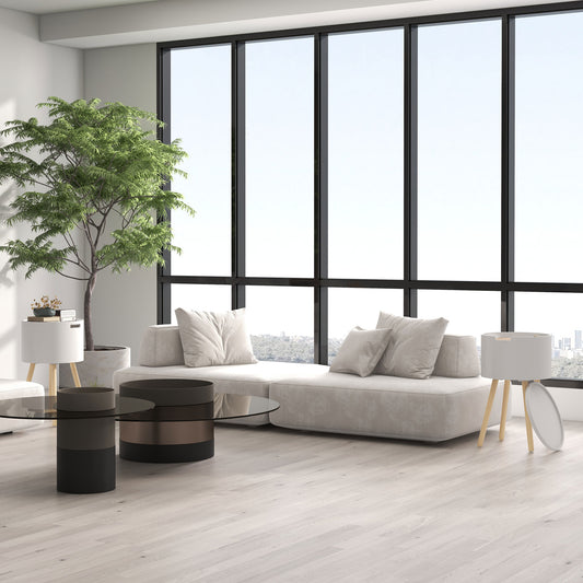 Modern Side Table With Hidden Storage Space, Round Night Stand / Removable Tray Wood Frame End Coffee Table, Set of 2 - White