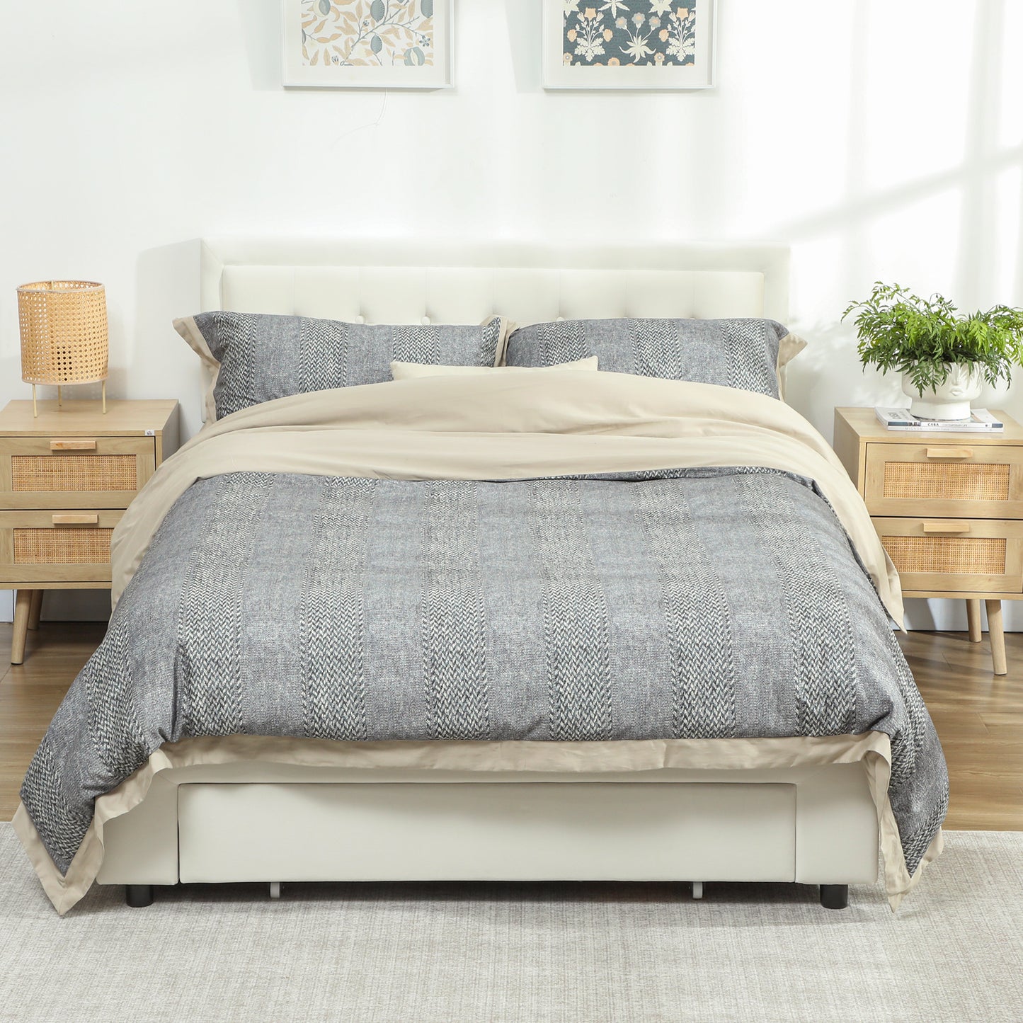 Double Ottoman Bed Frame, with Front Drawer - Cream / Black