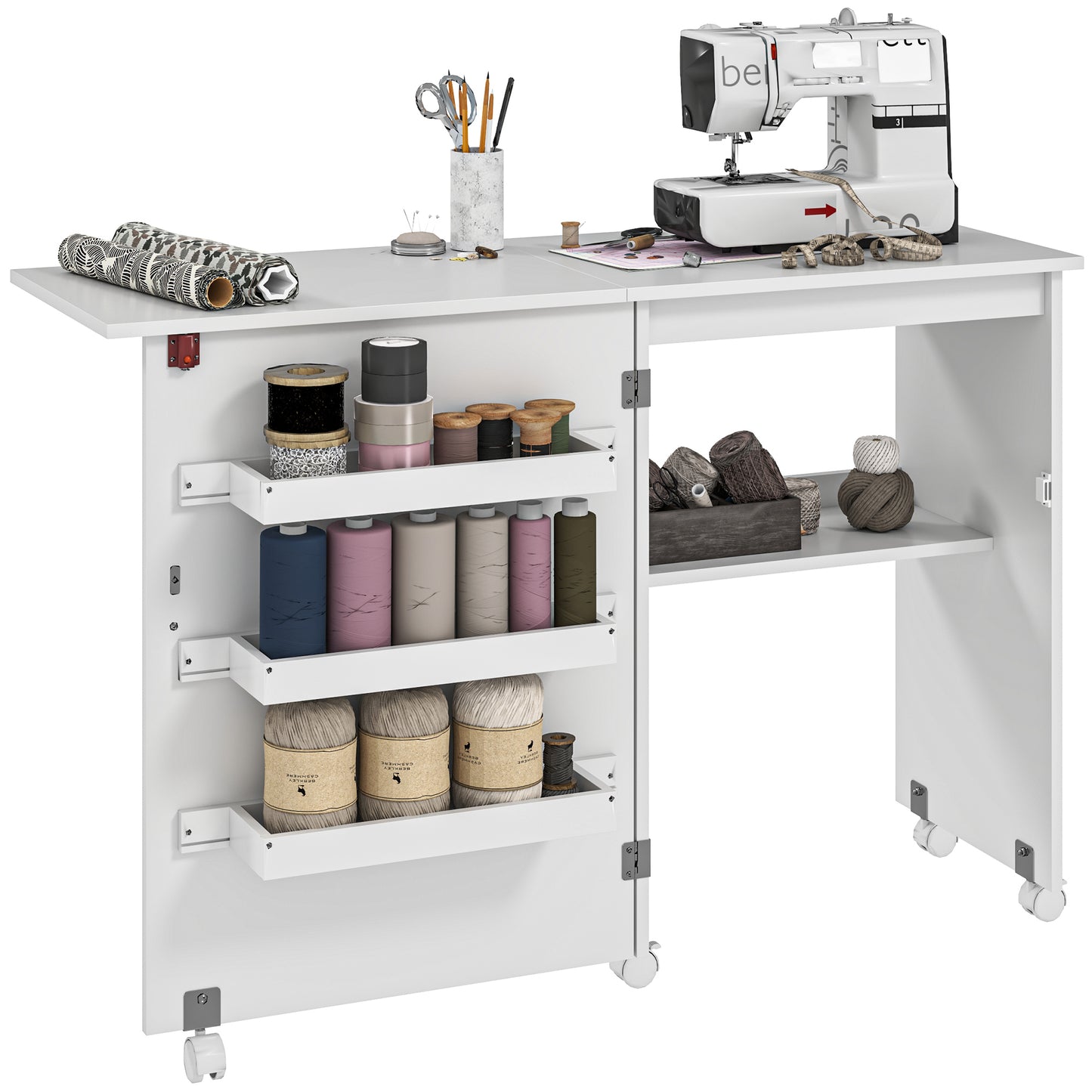 Folding Sewing Table, Drop Leaf Craft Table with Storage Bins, Open Shelf and Wheels, Rolling Sewing Machine Cabinet for Small Space