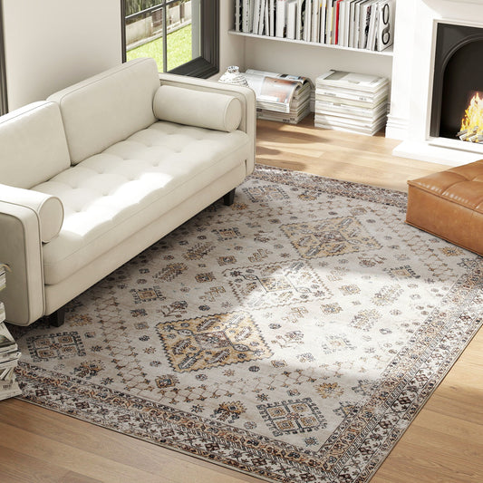 Vintage Classic Motif Area Rug | Machine Washable | Soft Flannel 100% Polyester | TPR Non-Slip Backing | Foldable | 290x200cm | Beige | Living Room Bedroom Dining Room Home Office