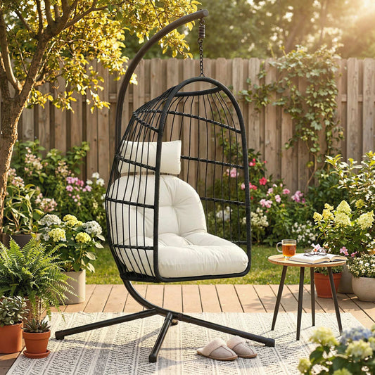 Hanging Egg Chair with Stand | 15cm Thick Cushion & Headrest | Adjustable Chain | Safety Strap | Foldable Basket | PE Rattan | 120kg | Indoor & Outdoor | Black & Cream White
