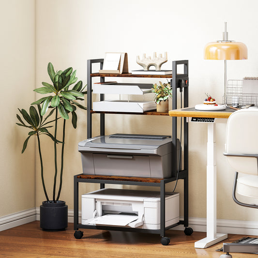 4-Tier Printer Stand with Power Outlets and Wheels - Rustic Brown