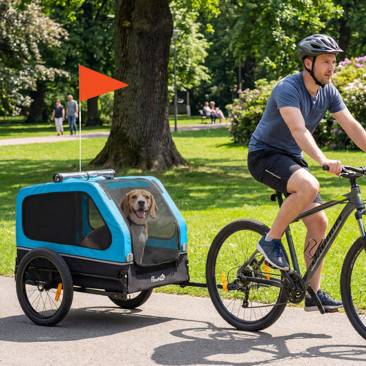Dog Bike Trailer | Flip-Down Ramp Tailgate | 16" Pneumatic Tyres | Front Door Threshold | Reflectors & Flag | Quick-Release Frame | Dogs up to 20kg | 138 x 69 x 70cm | Blue