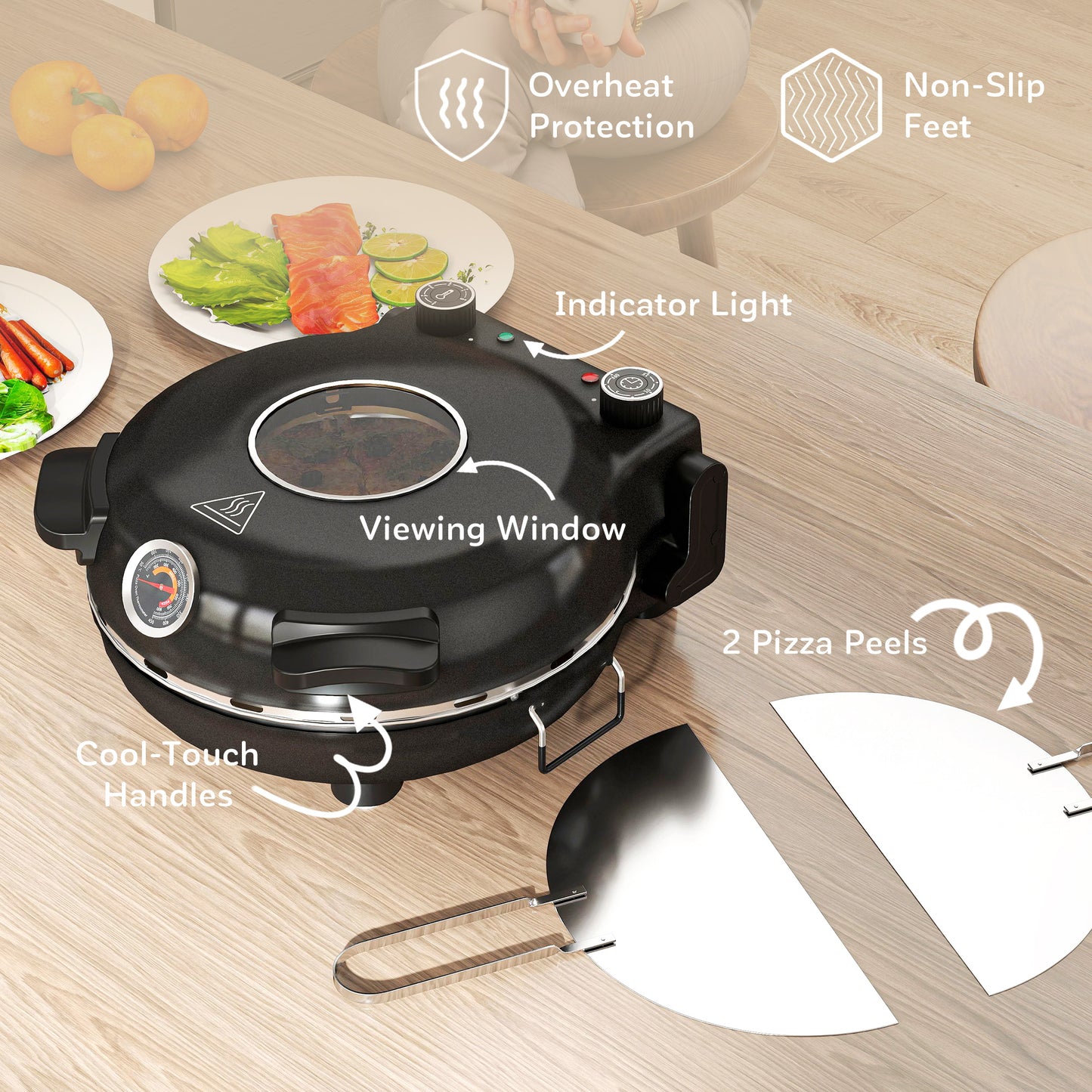 1200W Pizza Oven, 12 Inch Electric Pizza Maker with Viewing Window, Dual Knob Temp & Timer Control, Overheat Protection, Black / Red