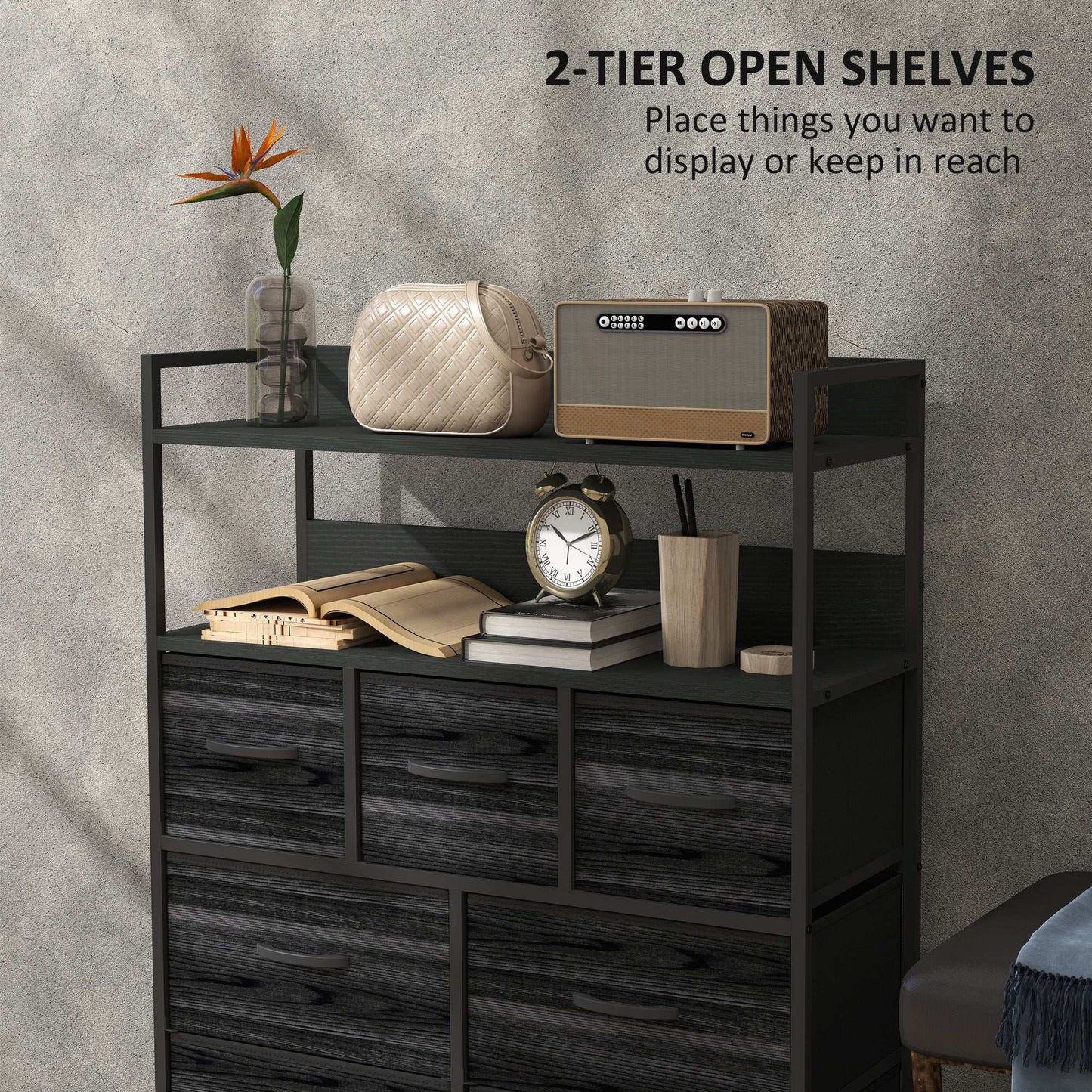 ustic Chest of Seven Fabric Drawers - Black