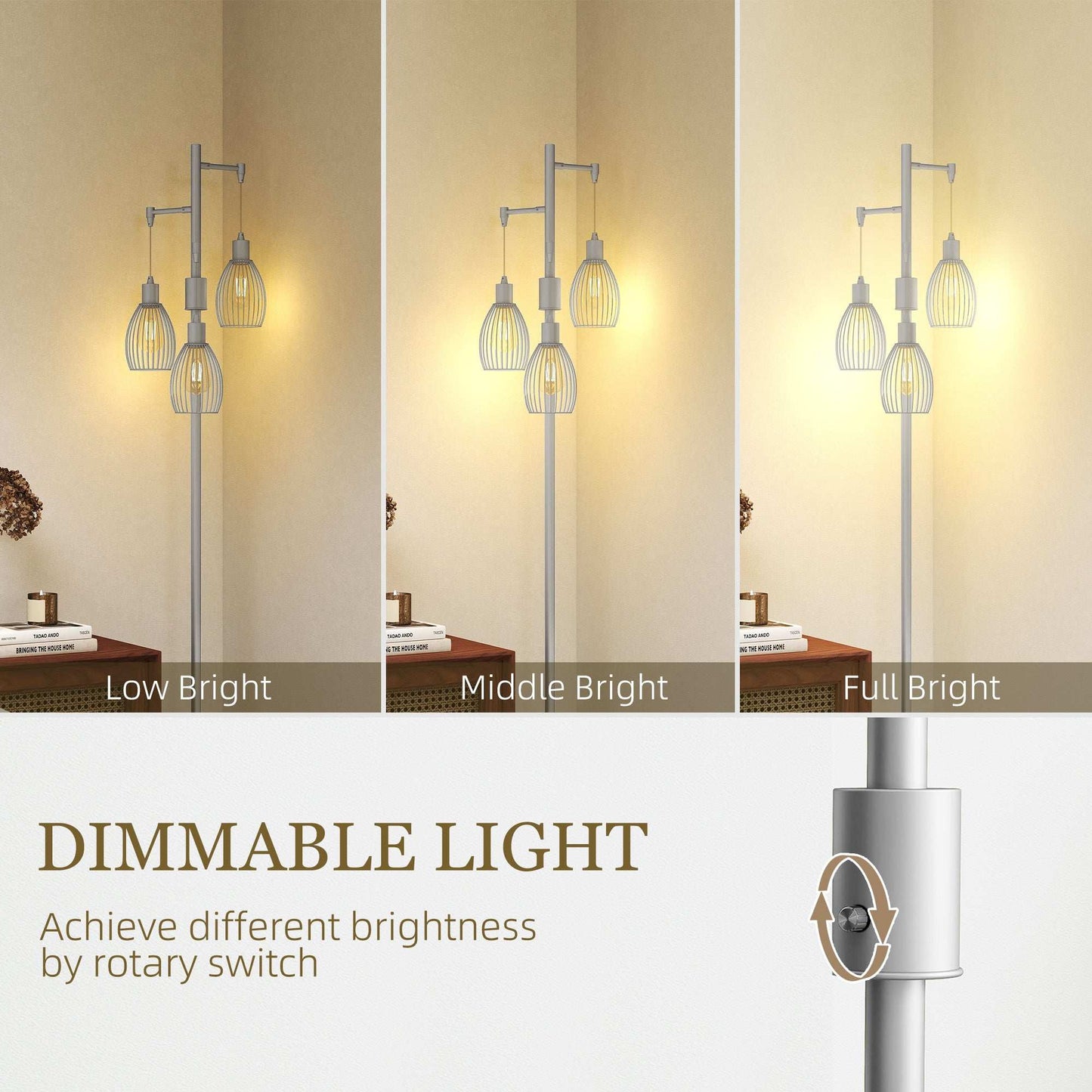 170cm Industrial 3-Light Floor Lamp, Dimmable Standing Lamp with Steel Lampshades for Living Room, Bedroom, Dinging Room, Study, Silver Tone