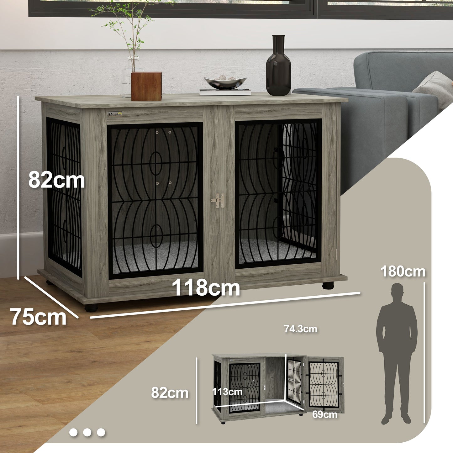 PawHut 44.5" Indoor Dog Crate Furniture End Table with Soft Washable Cushion, Lockable Front Door, for Extra Large Dogs