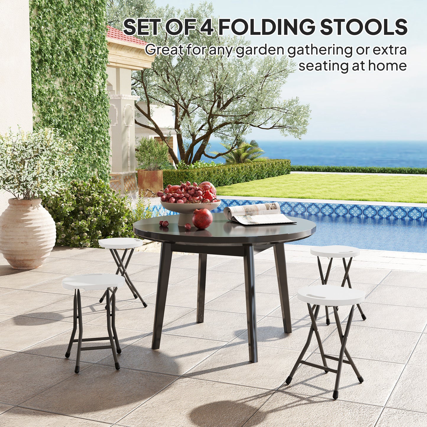 Outsunny Folding Stool Set of 4, Decorative Garden Stool Set with Safety Latch, Foldable Garden Stools with Powder-Coated Steel Legs HDPE Seat and Handle for Indoor and Outdoor, White