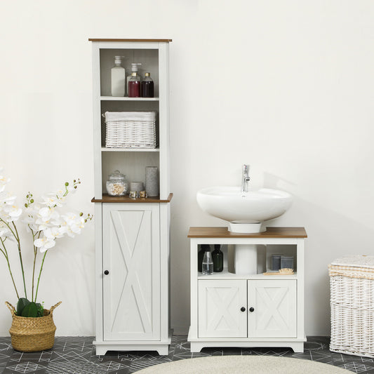 2 Piece Bathroom Furniture Set, Tall Bathroom Cabinet W/ Adjustable Shelves, Under Sink Cabinet W/ Cupboard and Open Shelf, Ash Effect