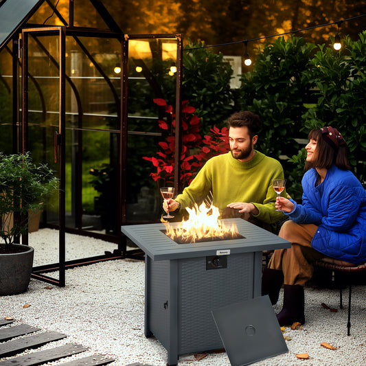 Rattan-style Propane Gas Fire Pit Table with 40,000 BTU Burner, Square Smokeless Firepit Patio Heater with Thermocouple, Lava Rocks, Grey